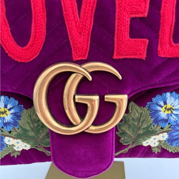 GUCCI GG Velvet Matelasse Loved Embroidered Medium Bag ~ Fuchsia Violet Cyclamen - Picture 4 of 16